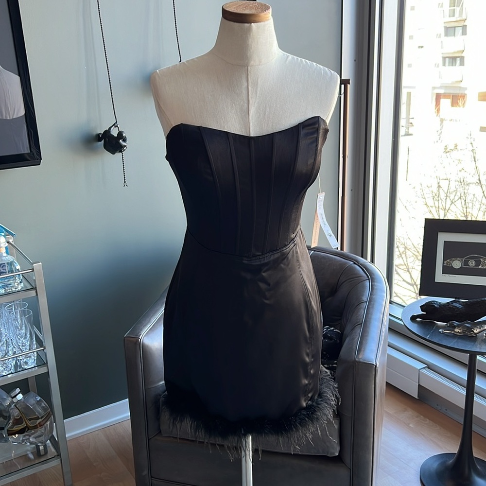 New AQUA Bustier Feather Trim Mini Dress in Black Size Medium